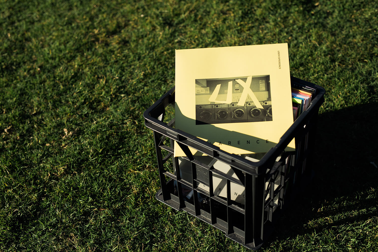 Crate of records in a field